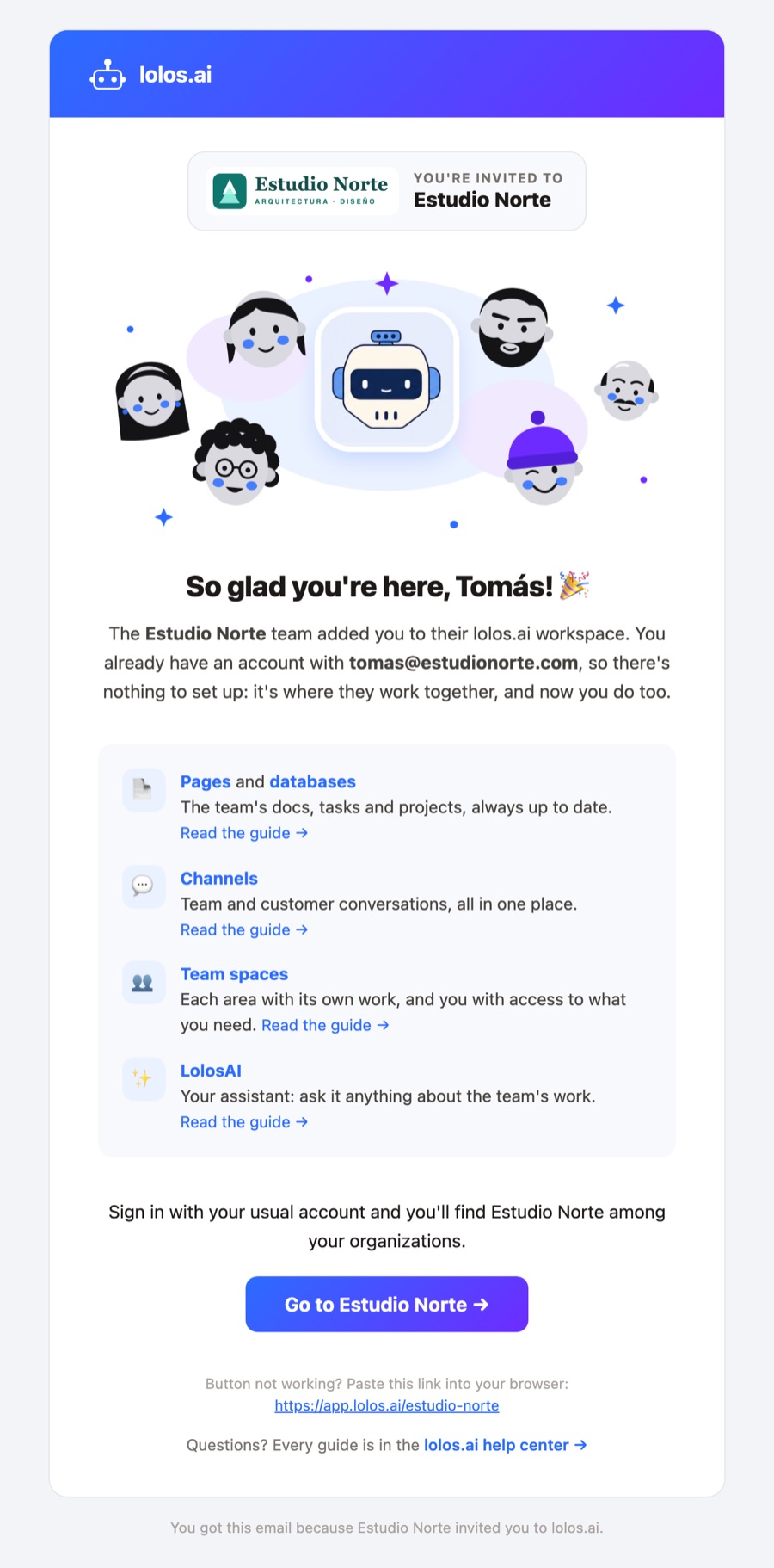 The welcome for someone who already had an account: “You already have an account… so there's nothing to set up” and the “Go to Estudio Norte” button