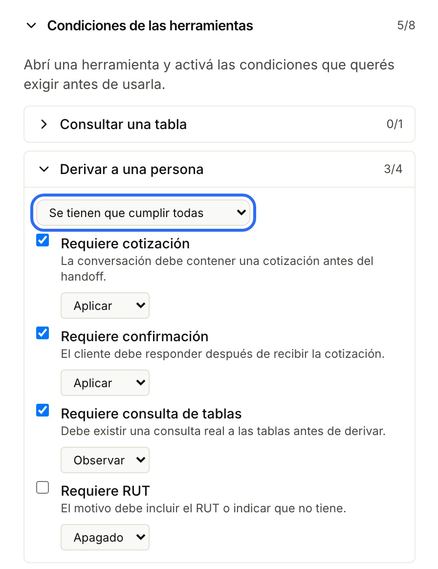 The agent's Advanced settings, with “Condiciones de las herramientas” open on “Derivar a una persona”: the four conditions and the “Se tienen que cumplir todas” selector