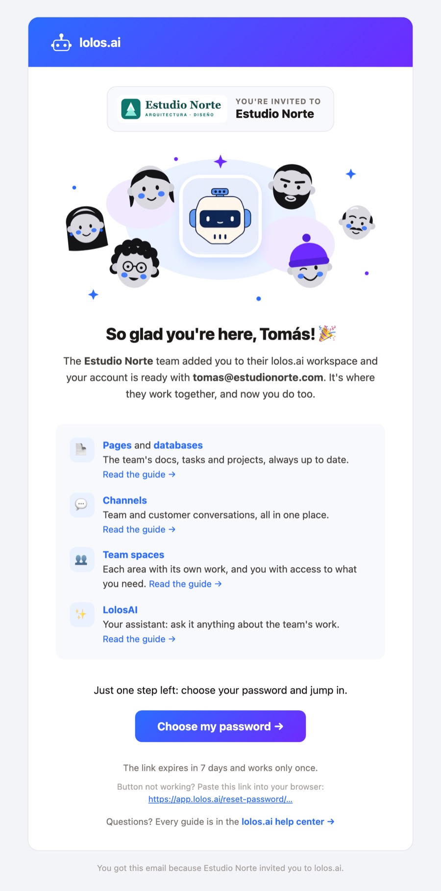 The welcome email: the organization at the top, with its logo; the Lolos robot surrounded by the team; what's inside, with a link to each guide; and the “Choose my password” button