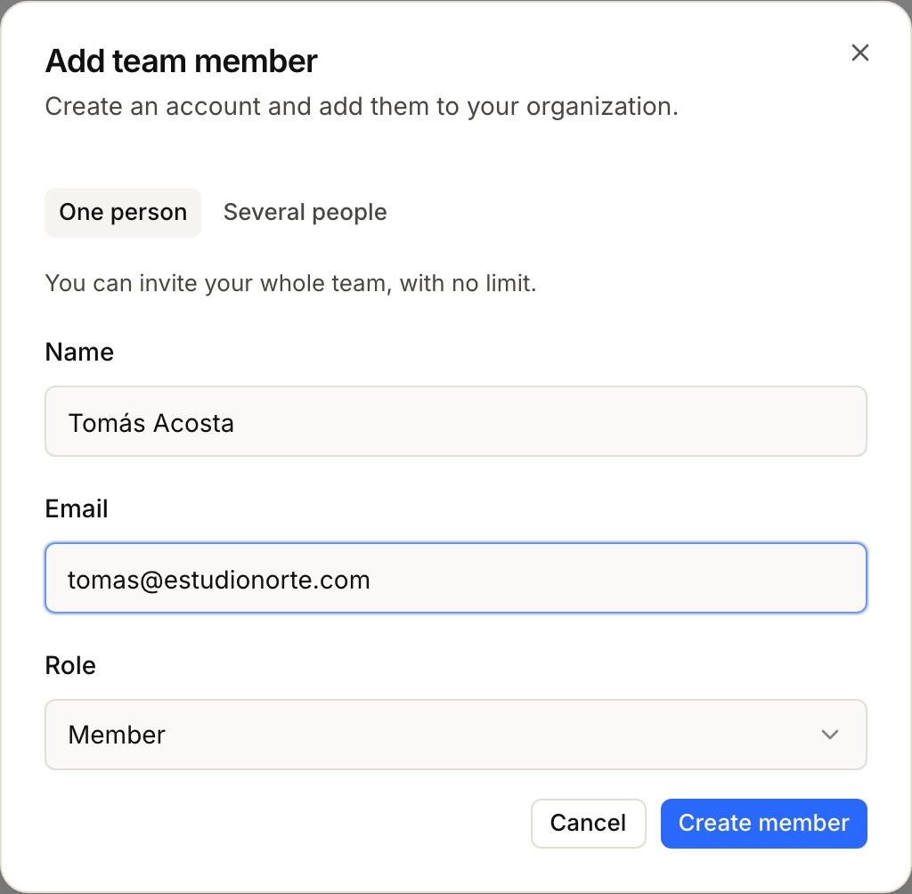 The “Add team member” dialog with name, email and role filled in, and the “Create member” button