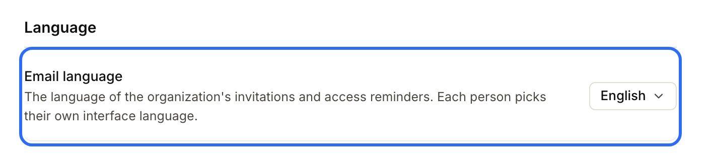 Settings → General: the “Email language” row, highlighted, with the selector set to English