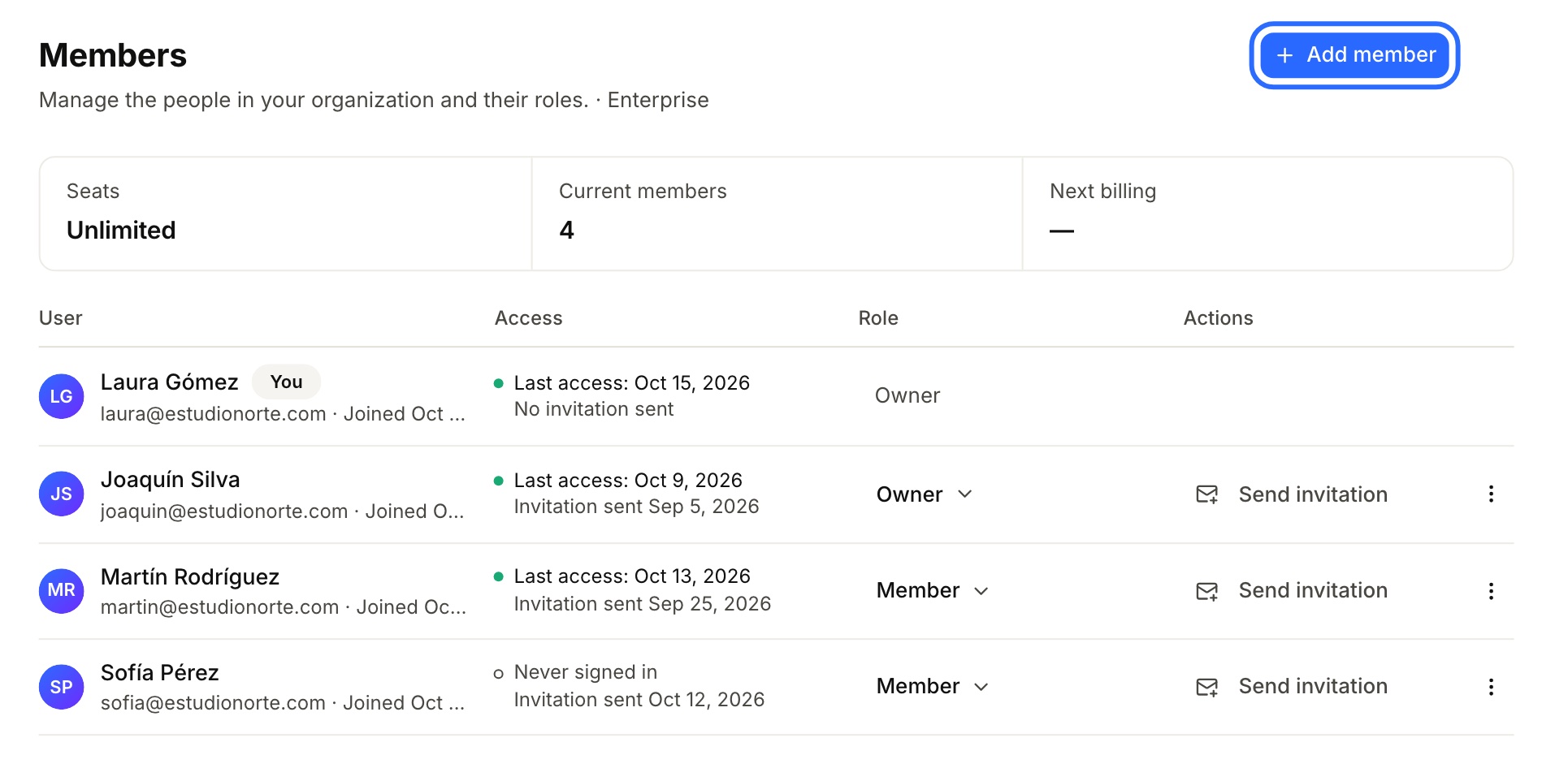 Settings → Members: the list of people with their access and role, and the “Add member” button highlighted