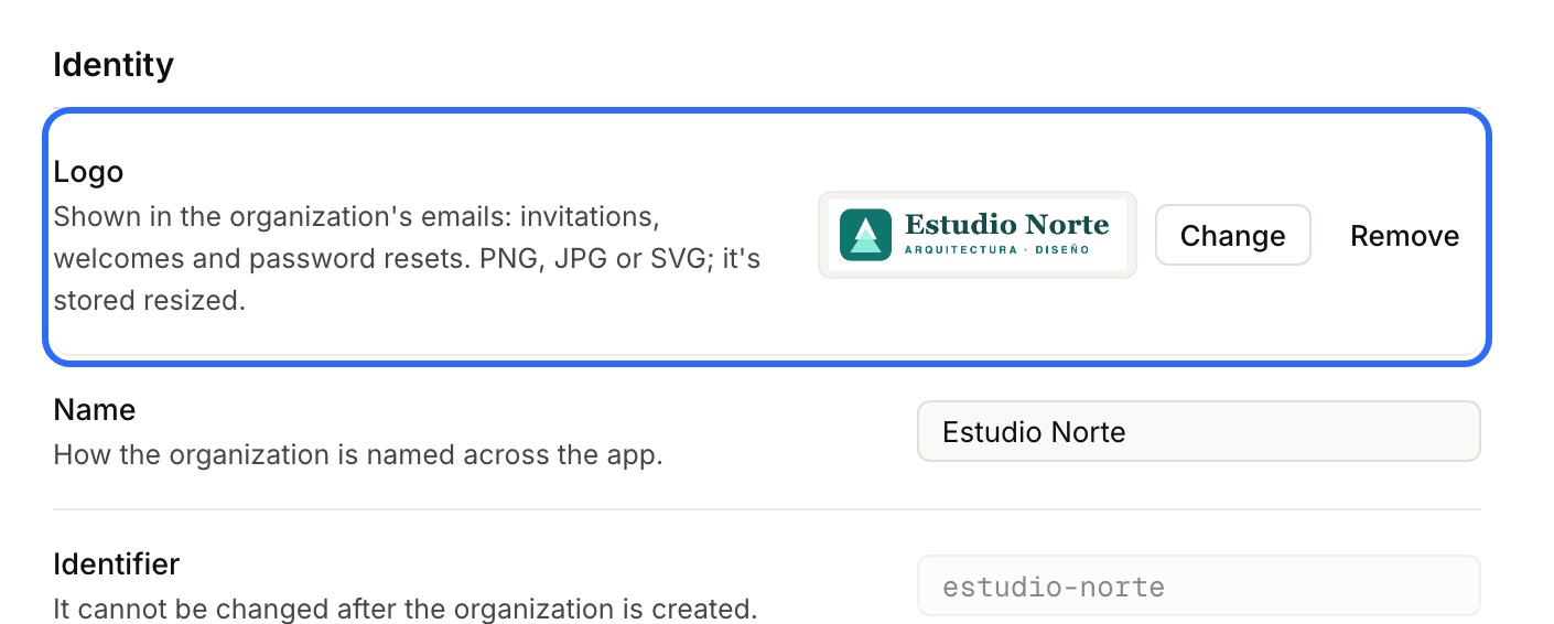 The Logo row with the Estudio Norte logo uploaded and the “Change” and “Remove” buttons