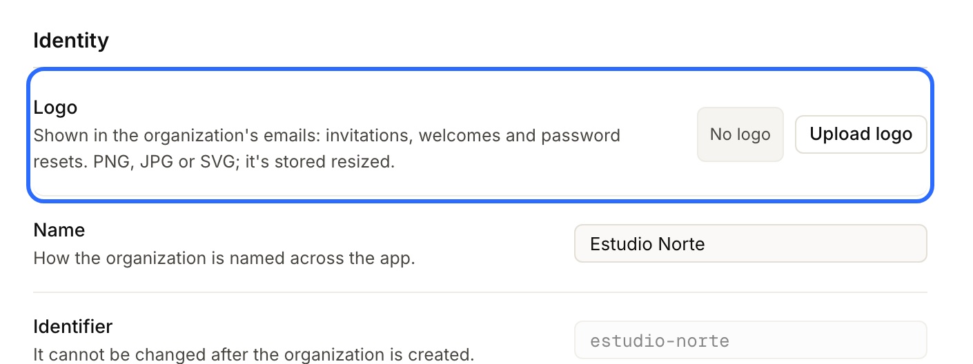 Settings → General: the Logo row highlighted, with “No logo” and the “Upload logo” button