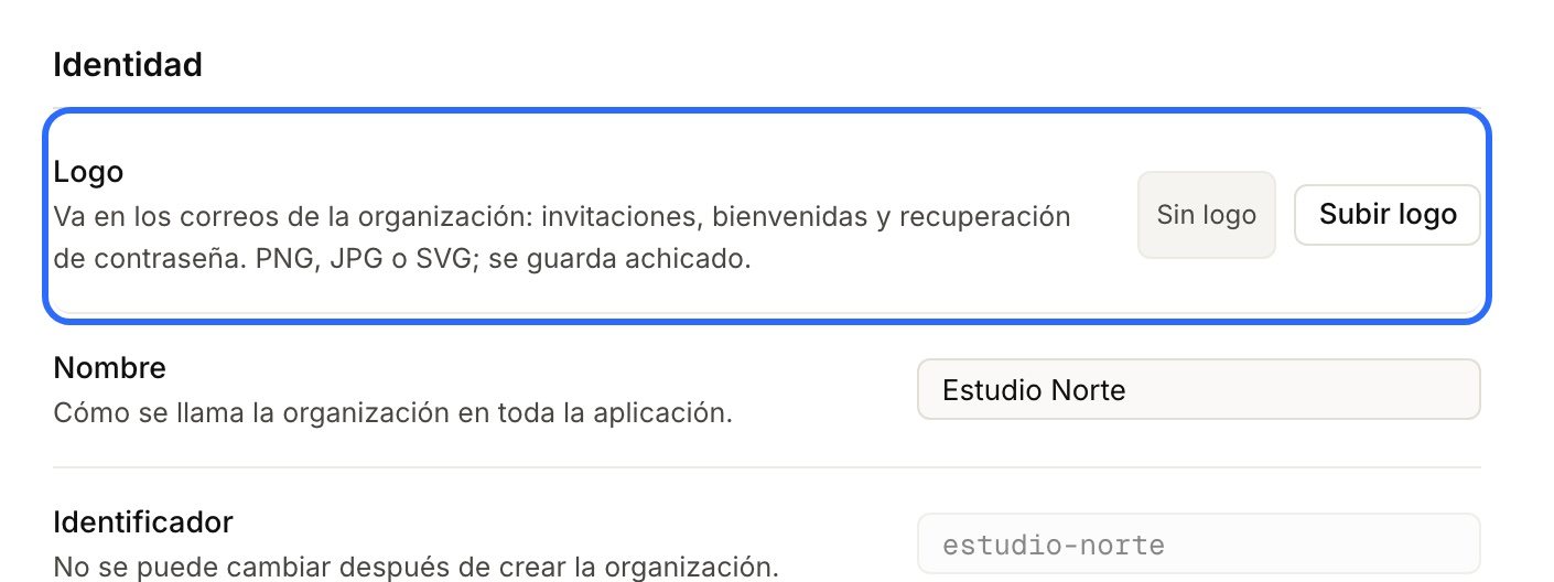 Configuración → General: la fila Logo resaltada, con «Sin logo» y el botón «Subir logo»