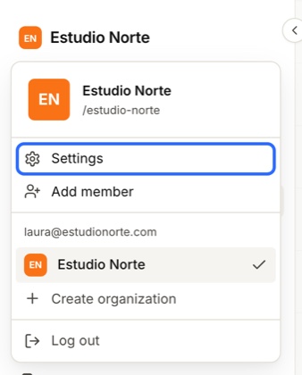 The organization menu open, with “Settings” highlighted and “Add member” below it