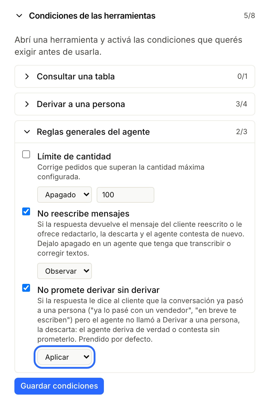“Reglas generales del agente” with “No promete derivar sin derivar” set to “Aplicar”